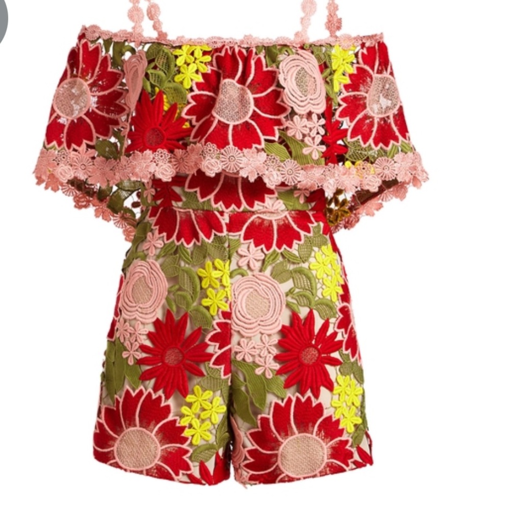 Alice + Olivia Floral Off-Shoulder Jumpsuit - Red, Pink, Green, Yellow